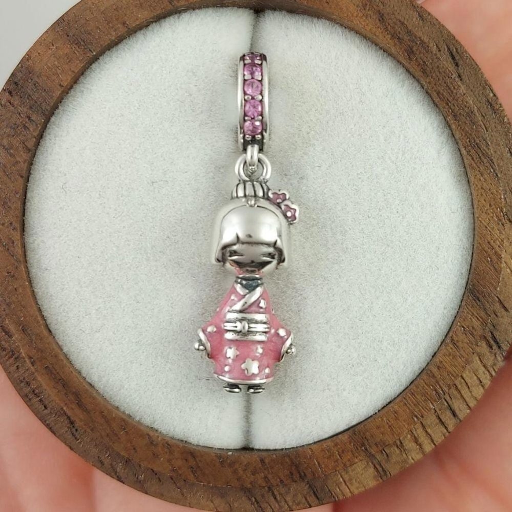925 Sterling Silver Japanese Doll Pink Kimono Charm